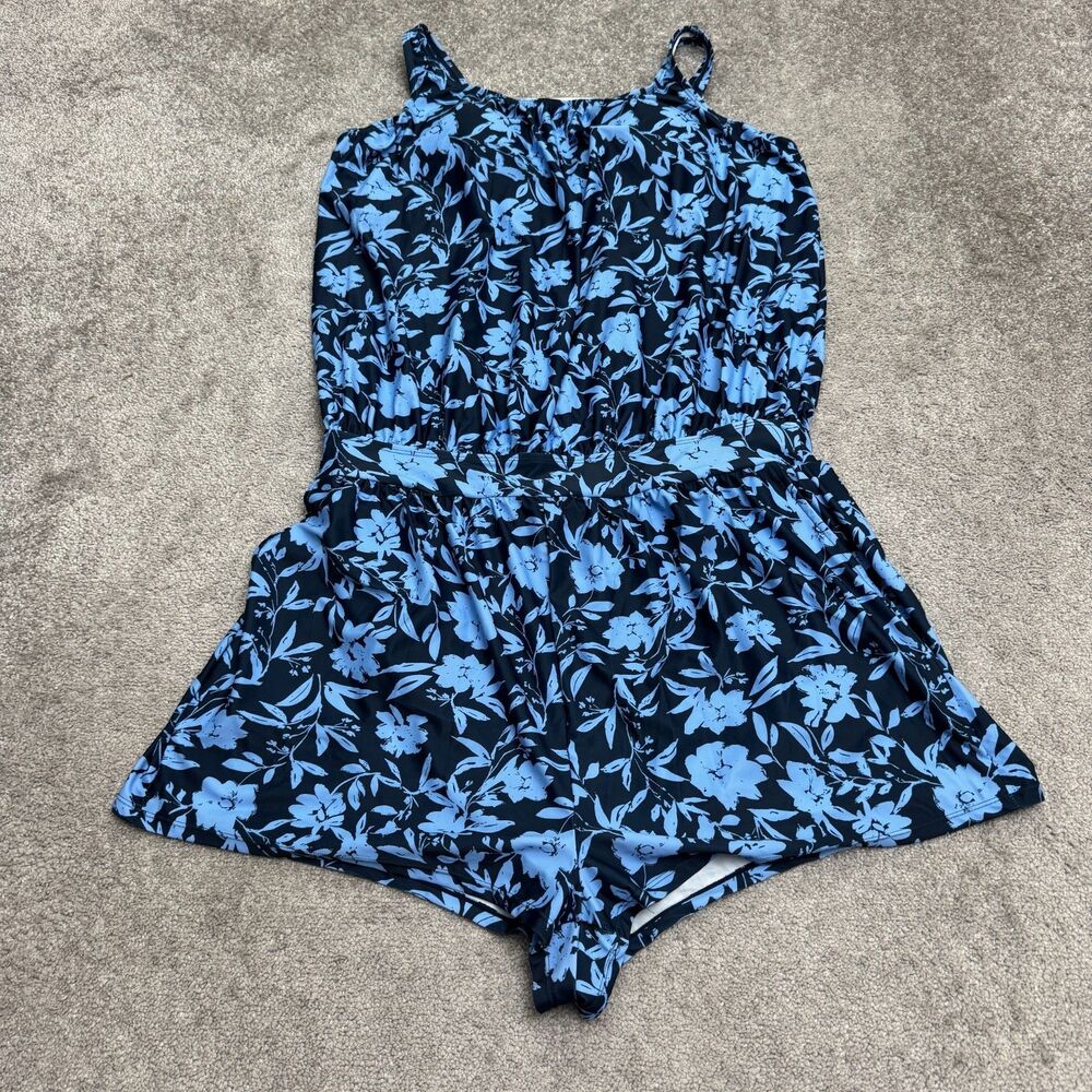 BloomChic Floral Padded One-Piece Swimsuit Romper Women 18-20 Blue Black Stretch